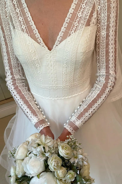 Wedding Dresses 2025 to impress Ivory Long Sleeve Lace Ball Gown Wedding Dress with Layered Tulle Skirt and V-Neck Bodice – W2322-vigocouture-vigocouture