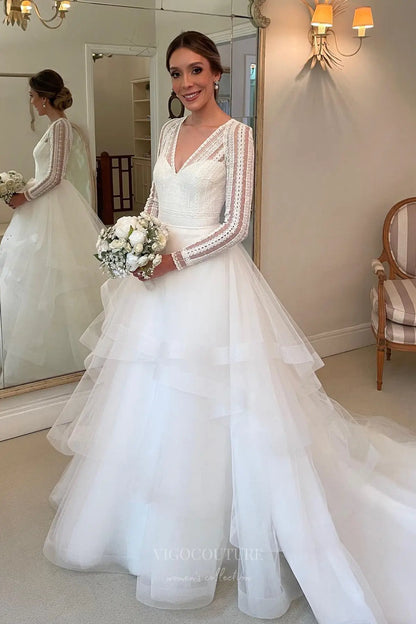 Ivory Long Sleeve Lace Ball Gown Wedding Dress with Layered Tulle Skirt and V-Neck Bodice – W2322