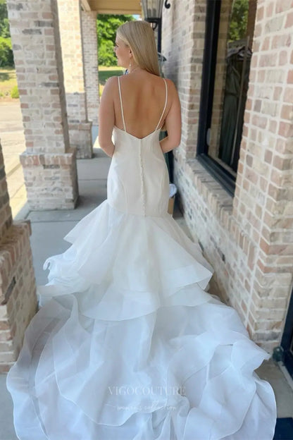 Wedding Dresses 2025 to impress Ivory Mermaid Wedding Dress with Spaghetti Straps, Crepe Bodice and Layered Organza Ruffle Skirt – W2303-vigocouture-vigocouture