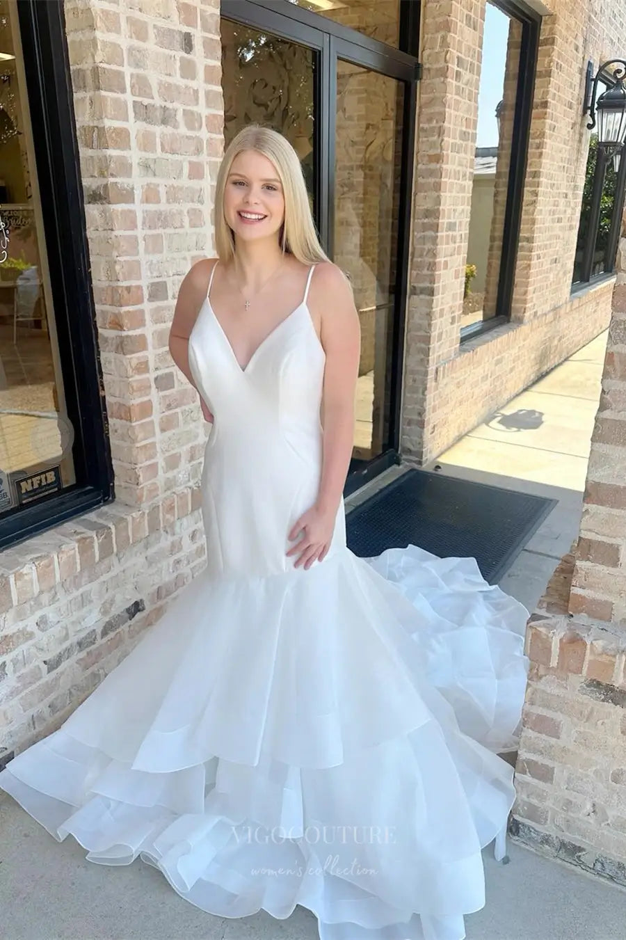 Wedding Dresses 2025 to impress Ivory Mermaid Wedding Dress with Spaghetti Straps, Crepe Bodice and Layered Organza Ruffle Skirt – W2303-vigocouture-vigocouture