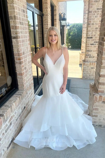 Ivory Mermaid Wedding Dress with Spaghetti Straps, Crepe Bodice and Layered Organza Ruffle Skirt – W2303