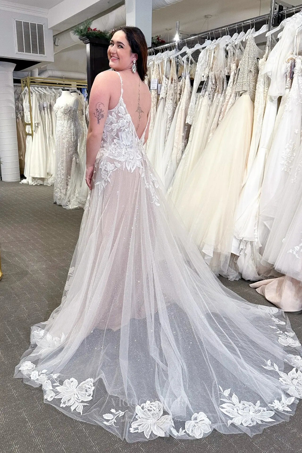 Wedding Dresses 2025 to impress Ivory Nude Lace Wedding Dress with Spaghetti Straps, Sheer Corset Bodice, Slit Skirt & Chapel Train – W2337-vigocouture-vigocouture