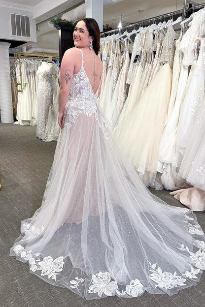 Wedding Dresses 2025 to impress Ivory Nude Lace Wedding Dress with Spaghetti Straps, Sheer Corset Bodice, Slit Skirt & Chapel Train – W2337-vigocouture-vigocouture