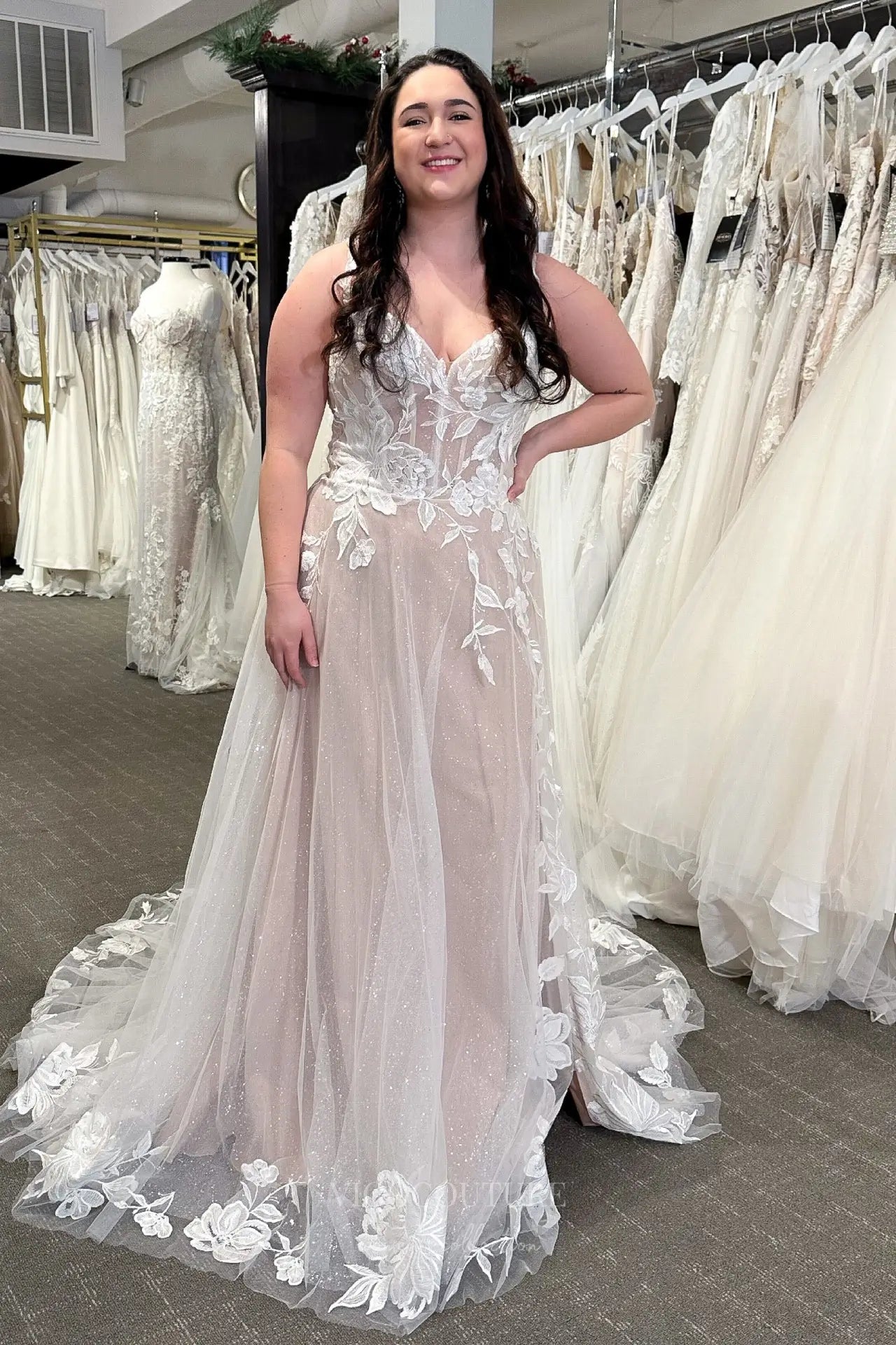 Wedding Dresses 2025 to impress Ivory Nude Lace Wedding Dress with Spaghetti Straps, Sheer Corset Bodice, Slit Skirt & Chapel Train – W2337-vigocouture-vigocouture