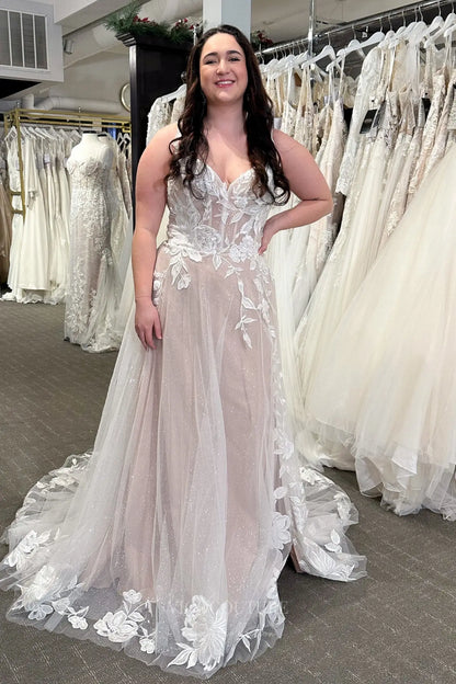 Wedding Dresses 2025 to impress Ivory Nude Lace Wedding Dress with Spaghetti Straps, Sheer Corset Bodice, Slit Skirt & Chapel Train – W2337-vigocouture-vigocouture