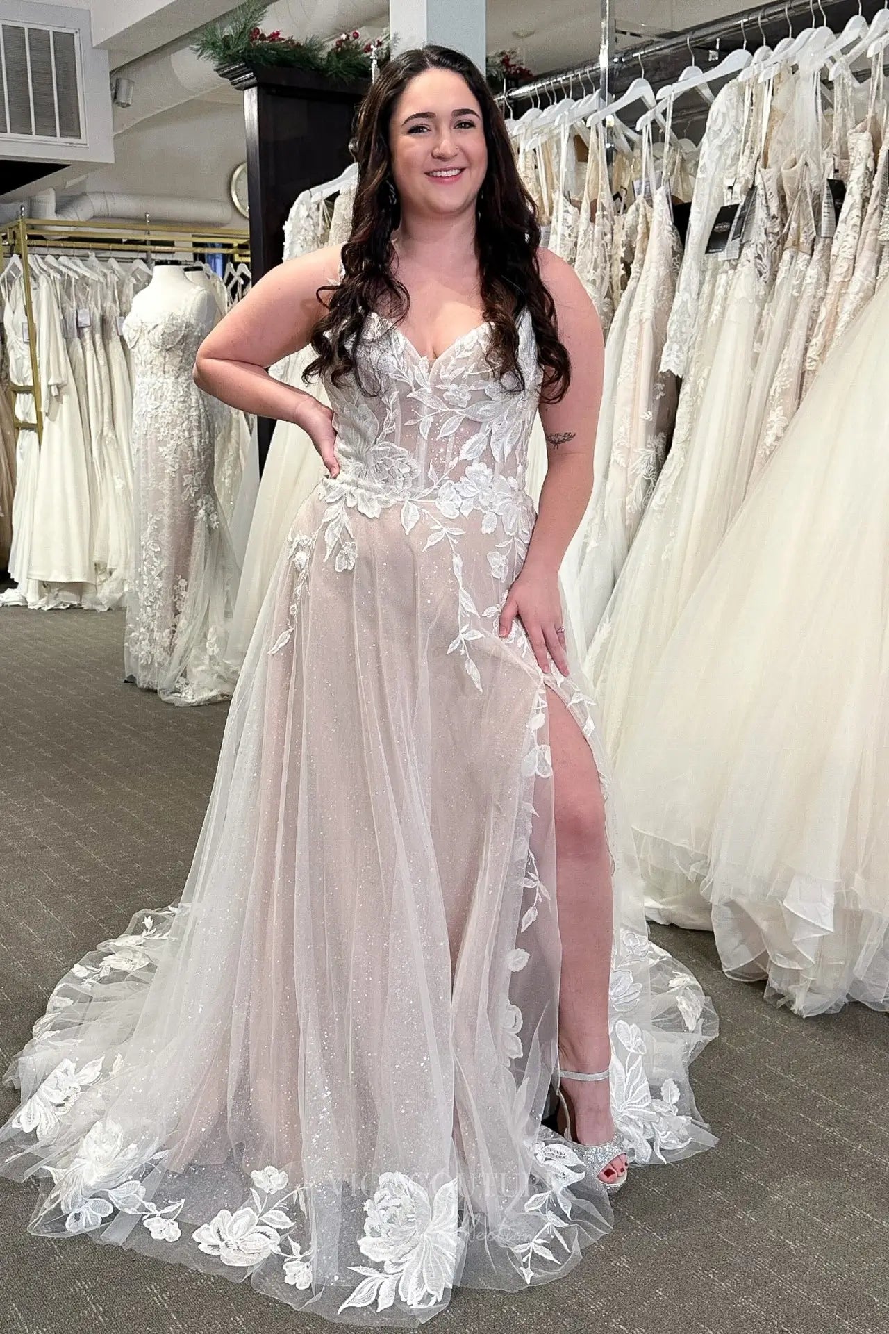 Ivory Nude Lace Wedding Dress with Spaghetti Straps, Sheer Corset Bodice, Slit Skirt & Chapel Train – W2337