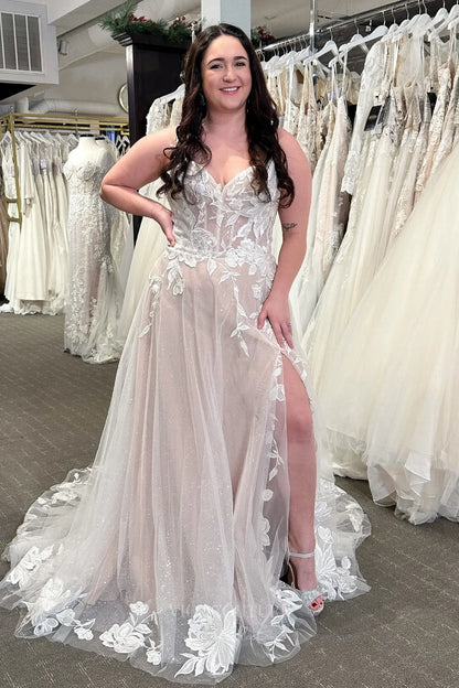 Ivory Nude Lace Wedding Dress with Spaghetti Straps, Sheer Corset Bodice, Slit Skirt & Chapel Train – W2337