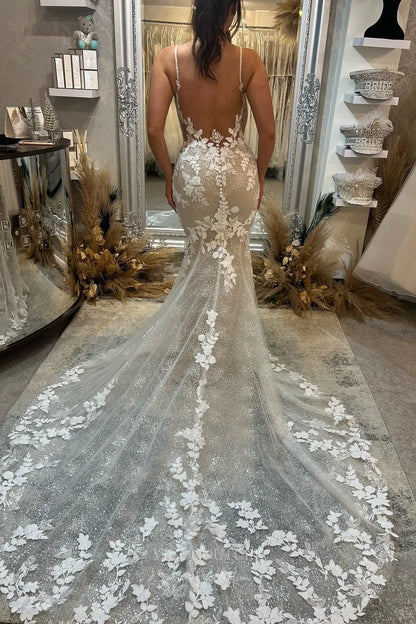 Wedding Dresses 2025 to impress Ivory Nude Mermaid Wedding Dress with Sparkly Lace, Plunging V Neck, Sheer Side Cutouts & Chapel Train – W2275-vigocouture-vigocouture
