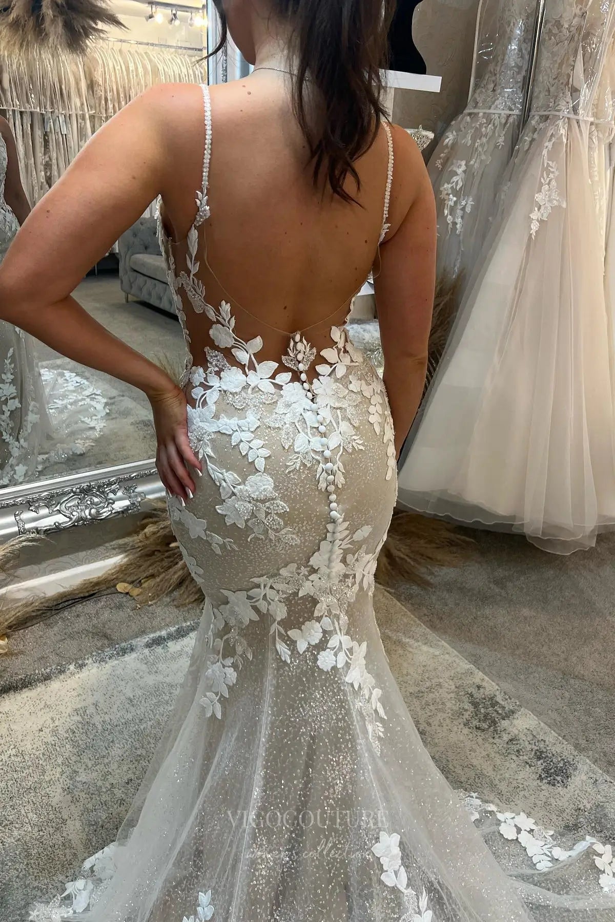Wedding Dresses 2025 to impress Ivory Nude Mermaid Wedding Dress with Sparkly Lace, Plunging V Neck, Sheer Side Cutouts & Chapel Train – W2275-vigocouture-vigocouture