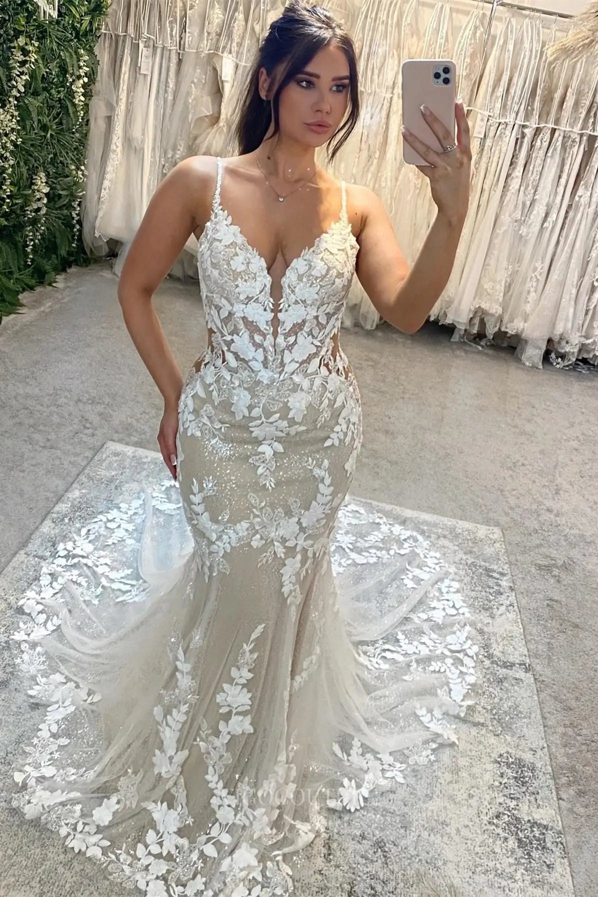 Ivory Nude Mermaid Wedding Dress with Sparkly Lace, Plunging V Neck, Sheer Side Cutouts & Chapel Train – W2275
