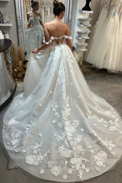Wedding Dresses 2025 to impress Ivory Off-Shoulder 3D Floral Lace Ball Gown Wedding Dress with Sheer Corset Bodice and Thigh-High Slit – W2243-vigocouture-vigocouture