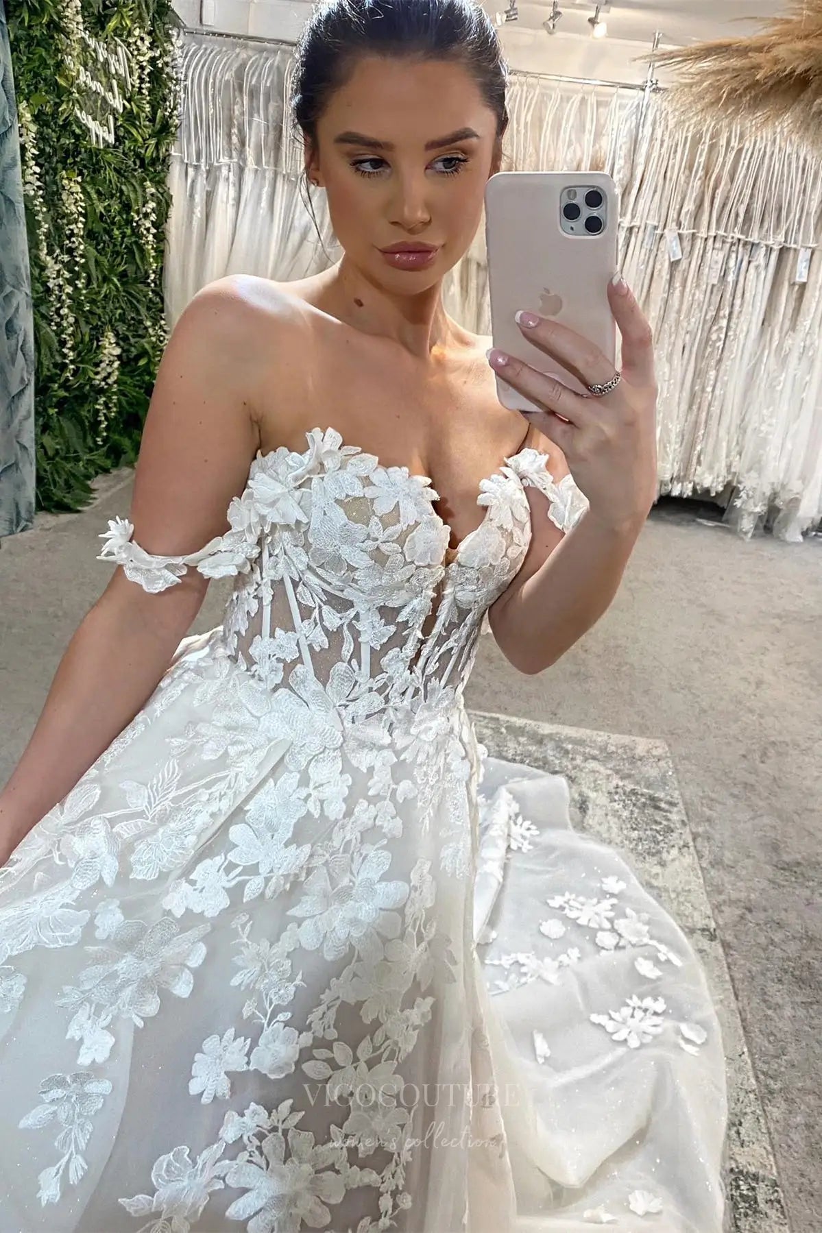 Wedding Dresses 2025 to impress Ivory Off-Shoulder 3D Floral Lace Ball Gown Wedding Dress with Sheer Corset Bodice and Thigh-High Slit – W2243-vigocouture-vigocouture