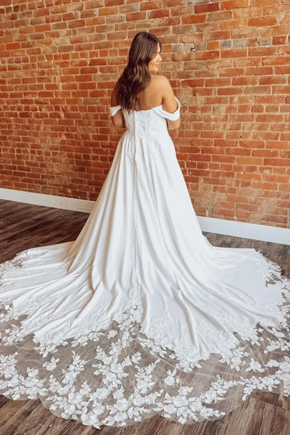 Wedding Dresses 2025 to impress Ivory Off-Shoulder A-Line Wedding Dress with Lace Train, Draped Bodice, and Pockets – W2321-vigocouture-vigocouture