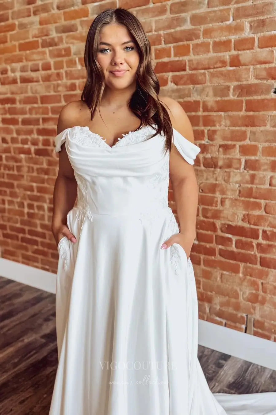 Wedding Dresses 2025 to impress Ivory Off-Shoulder A-Line Wedding Dress with Lace Train, Draped Bodice, and Pockets – W2321-vigocouture-vigocouture