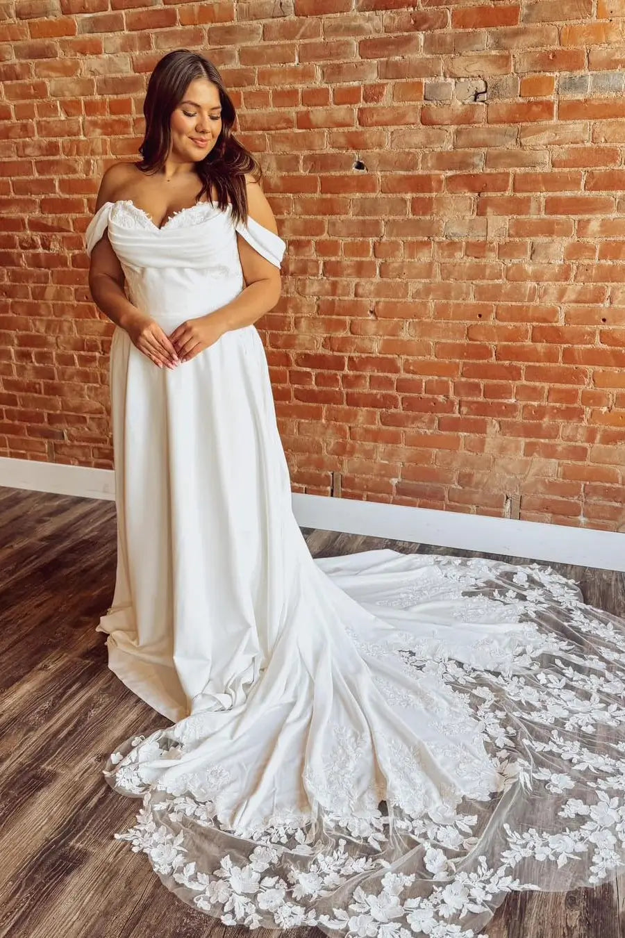 Ivory Off-Shoulder A-Line Wedding Dress with Lace Train, Draped Bodice, and Pockets – W2321