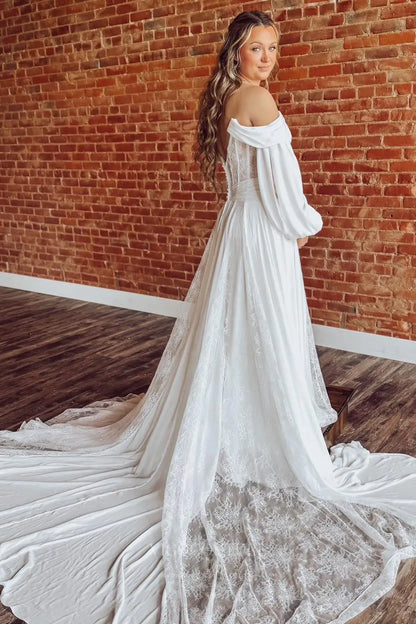 Wedding Dresses 2025 to impress Ivory Off-Shoulder Boho Lace Wedding Dress with Long Bishop Sleeves, Pleated Bodice, Slit & Chapel Train – W2260-vigocouture-vigocouture