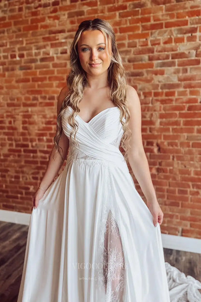 Wedding Dresses 2025 to impress Ivory Off-Shoulder Boho Lace Wedding Dress with Long Bishop Sleeves, Pleated Bodice, Slit & Chapel Train – W2260-vigocouture-vigocouture