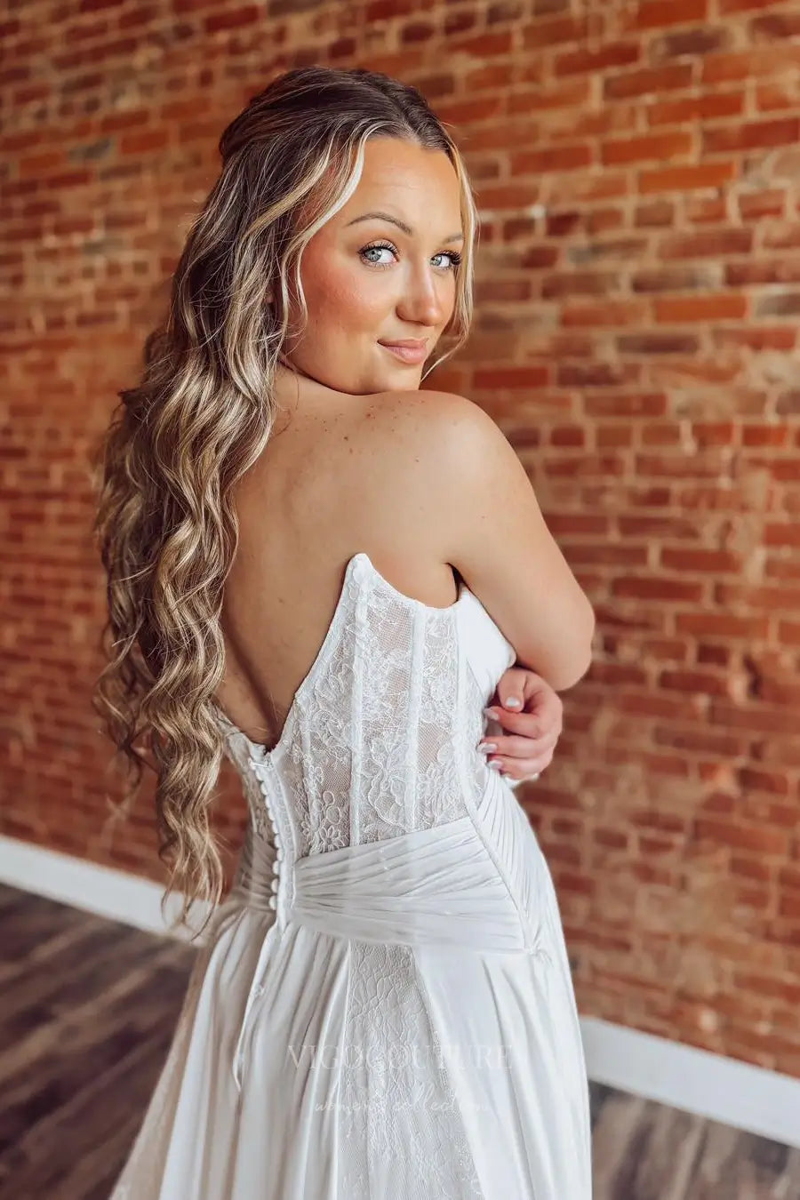 Wedding Dresses 2025 to impress Ivory Off-Shoulder Boho Lace Wedding Dress with Long Bishop Sleeves, Pleated Bodice, Slit & Chapel Train – W2260-vigocouture-vigocouture