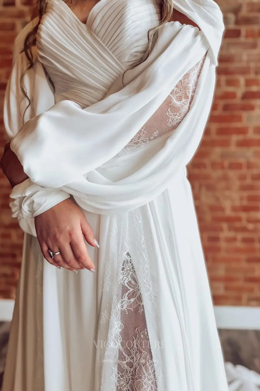 Wedding Dresses 2025 to impress Ivory Off-Shoulder Boho Lace Wedding Dress with Long Bishop Sleeves, Pleated Bodice, Slit & Chapel Train – W2260-vigocouture-vigocouture