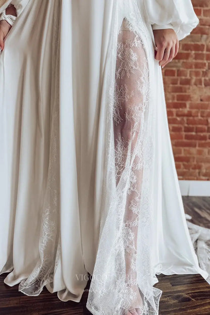 Wedding Dresses 2025 to impress Ivory Off-Shoulder Boho Lace Wedding Dress with Long Bishop Sleeves, Pleated Bodice, Slit & Chapel Train – W2260-vigocouture-vigocouture