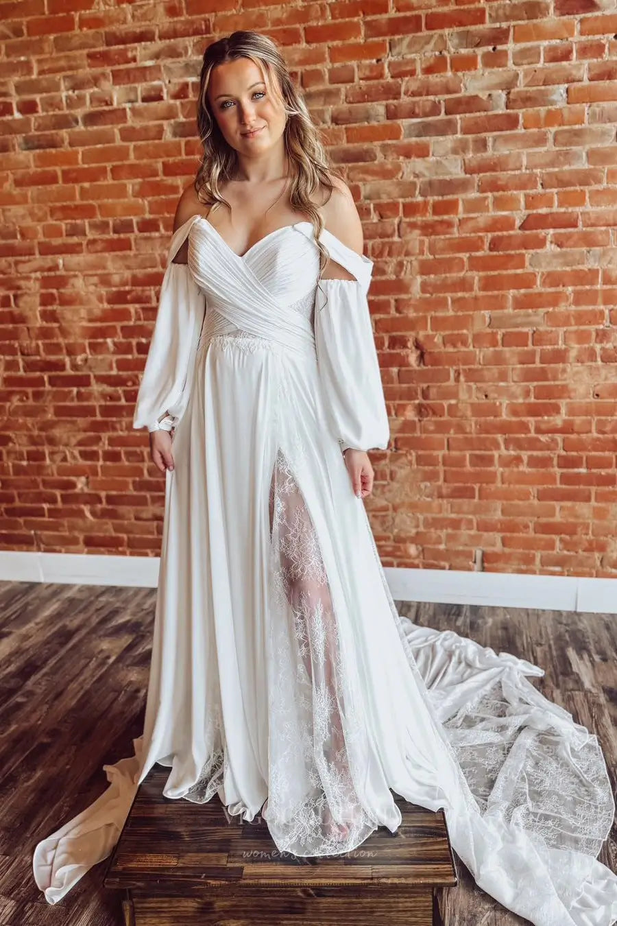 Ivory Off-Shoulder Boho Lace Wedding Dress with Long Bishop Sleeves, Pleated Bodice, Slit & Chapel Train – W2260