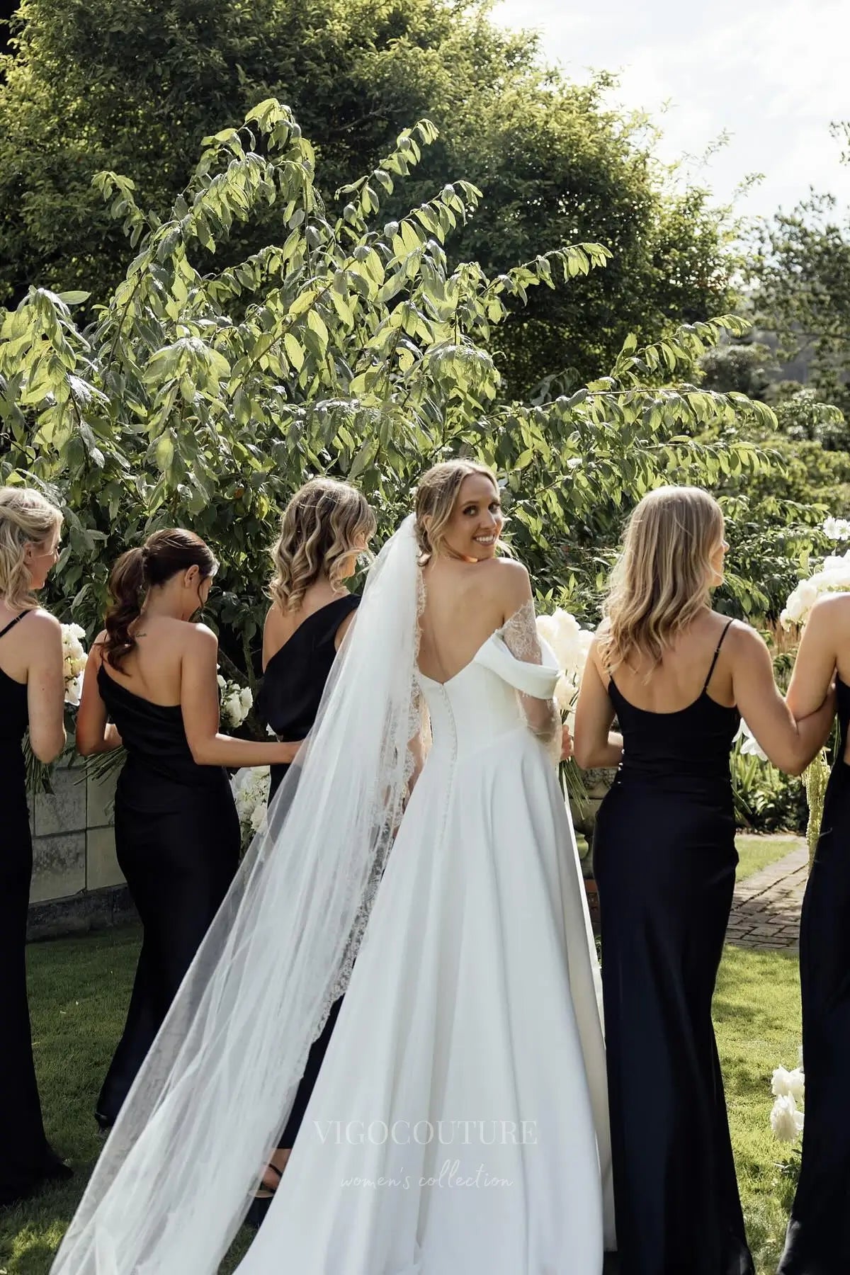 Wedding Dresses 2025 to impress Ivory Off-Shoulder Crepe A-Line Wedding Dress with Lace Sleeves, Corset Bodice & Slit – W2297-vigocouture-vigocouture