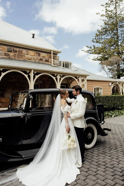 Wedding Dresses 2025 to impress Ivory Off-Shoulder Crepe A-Line Wedding Dress with Lace Sleeves, Corset Bodice & Slit – W2297-vigocouture-vigocouture