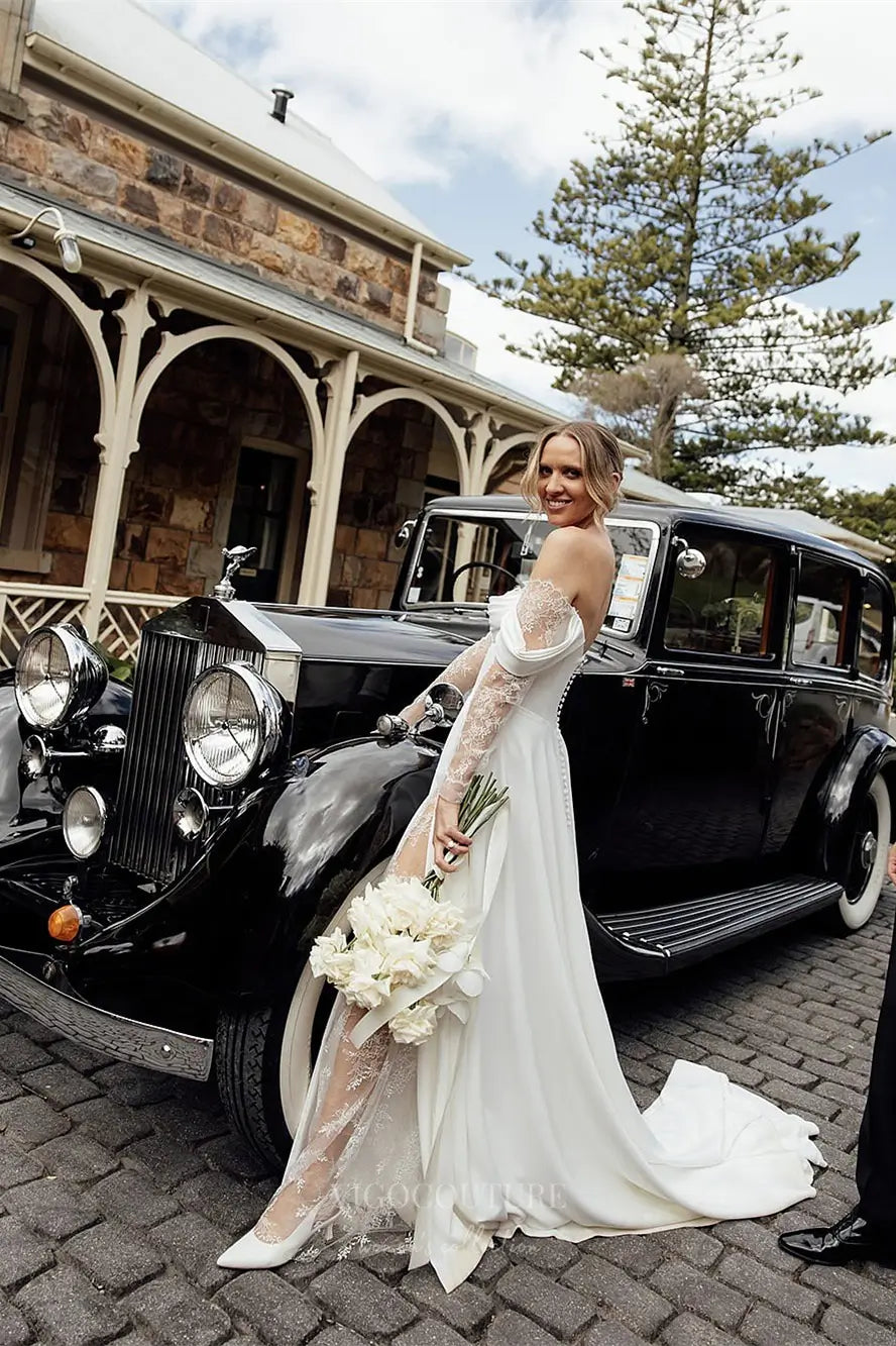 Wedding Dresses 2025 to impress Ivory Off-Shoulder Crepe A-Line Wedding Dress with Lace Sleeves, Corset Bodice & Slit – W2297-vigocouture-vigocouture