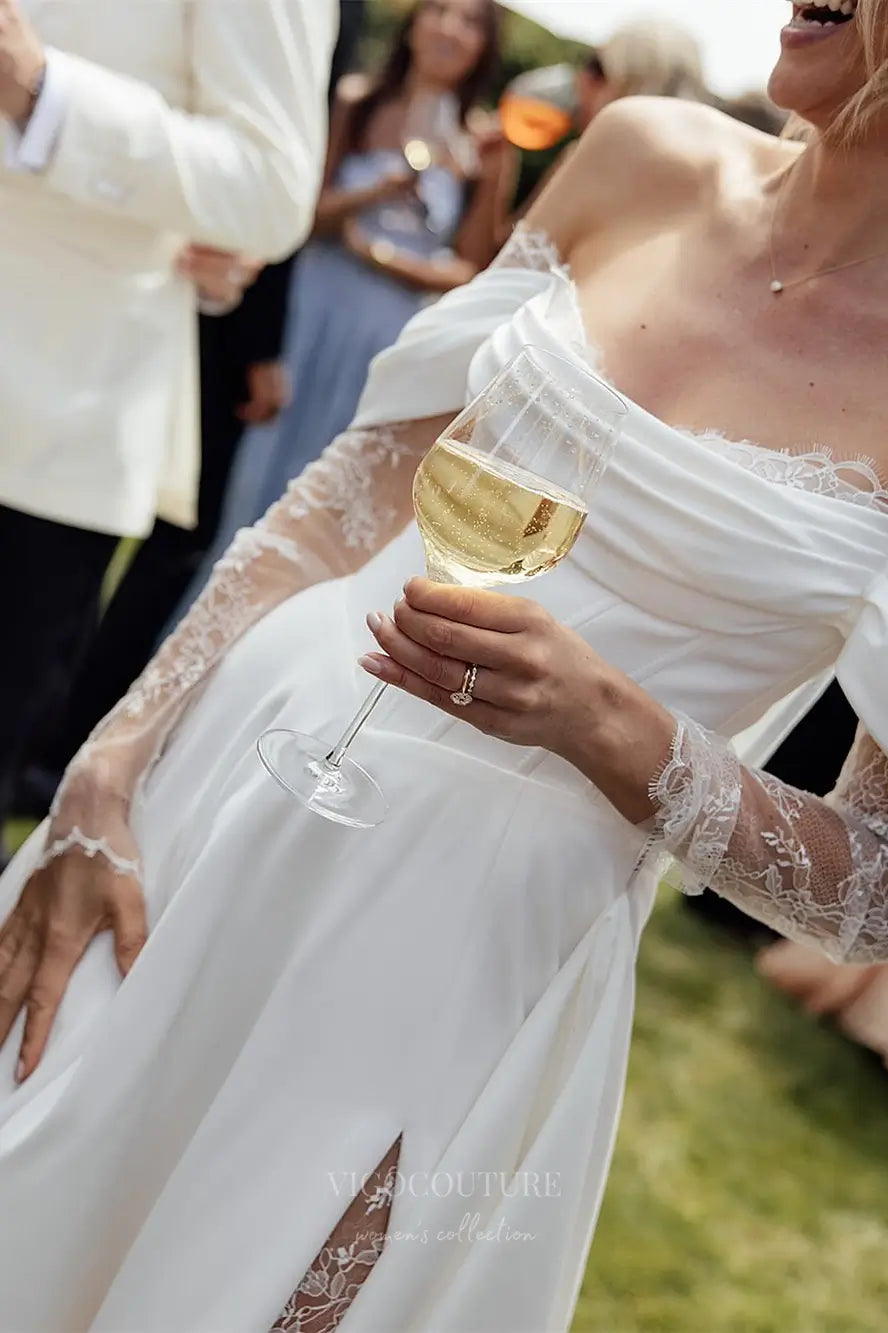 Wedding Dresses 2025 to impress Ivory Off-Shoulder Crepe A-Line Wedding Dress with Lace Sleeves, Corset Bodice & Slit – W2297-vigocouture-vigocouture