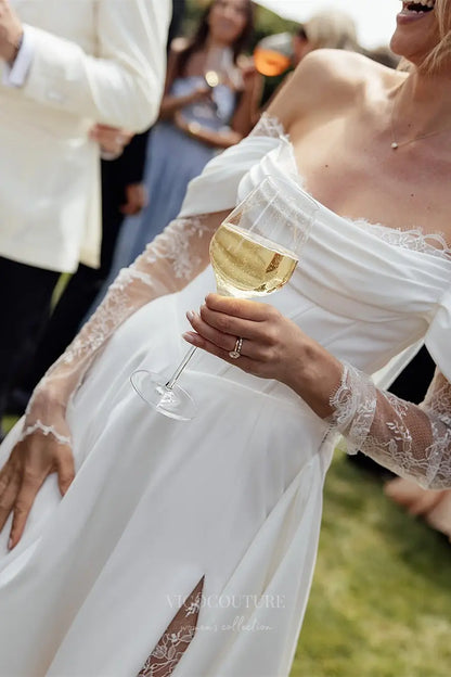 Wedding Dresses 2025 to impress Ivory Off-Shoulder Crepe A-Line Wedding Dress with Lace Sleeves, Corset Bodice & Slit – W2297-vigocouture-vigocouture