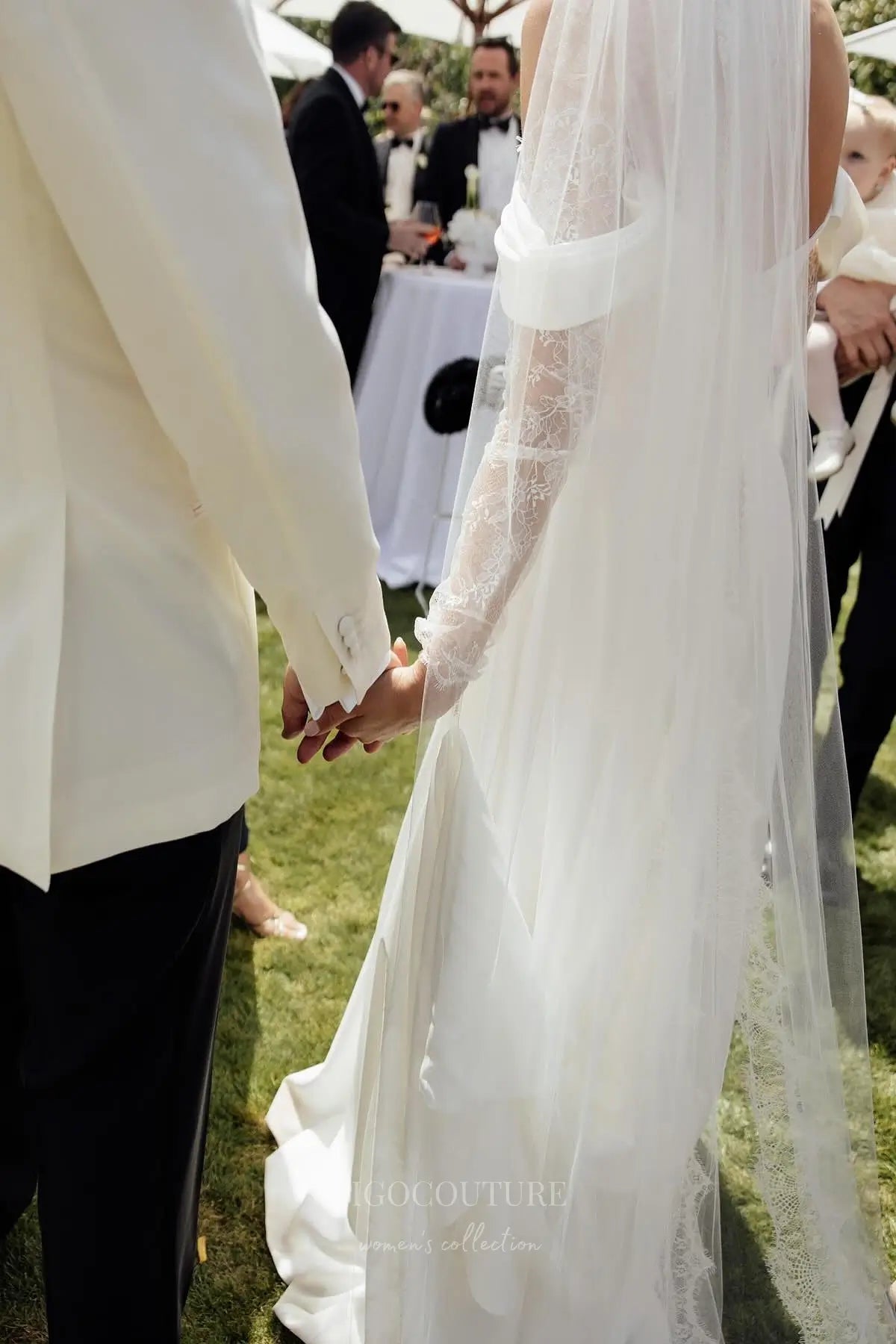 Wedding Dresses 2025 to impress Ivory Off-Shoulder Crepe A-Line Wedding Dress with Lace Sleeves, Corset Bodice & Slit – W2297-vigocouture-vigocouture