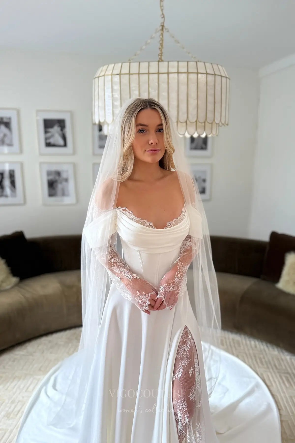 Wedding Dresses 2025 to impress Ivory Off-Shoulder Crepe A-Line Wedding Dress with Lace Sleeves, Corset Bodice & Slit – W2297-vigocouture-vigocouture