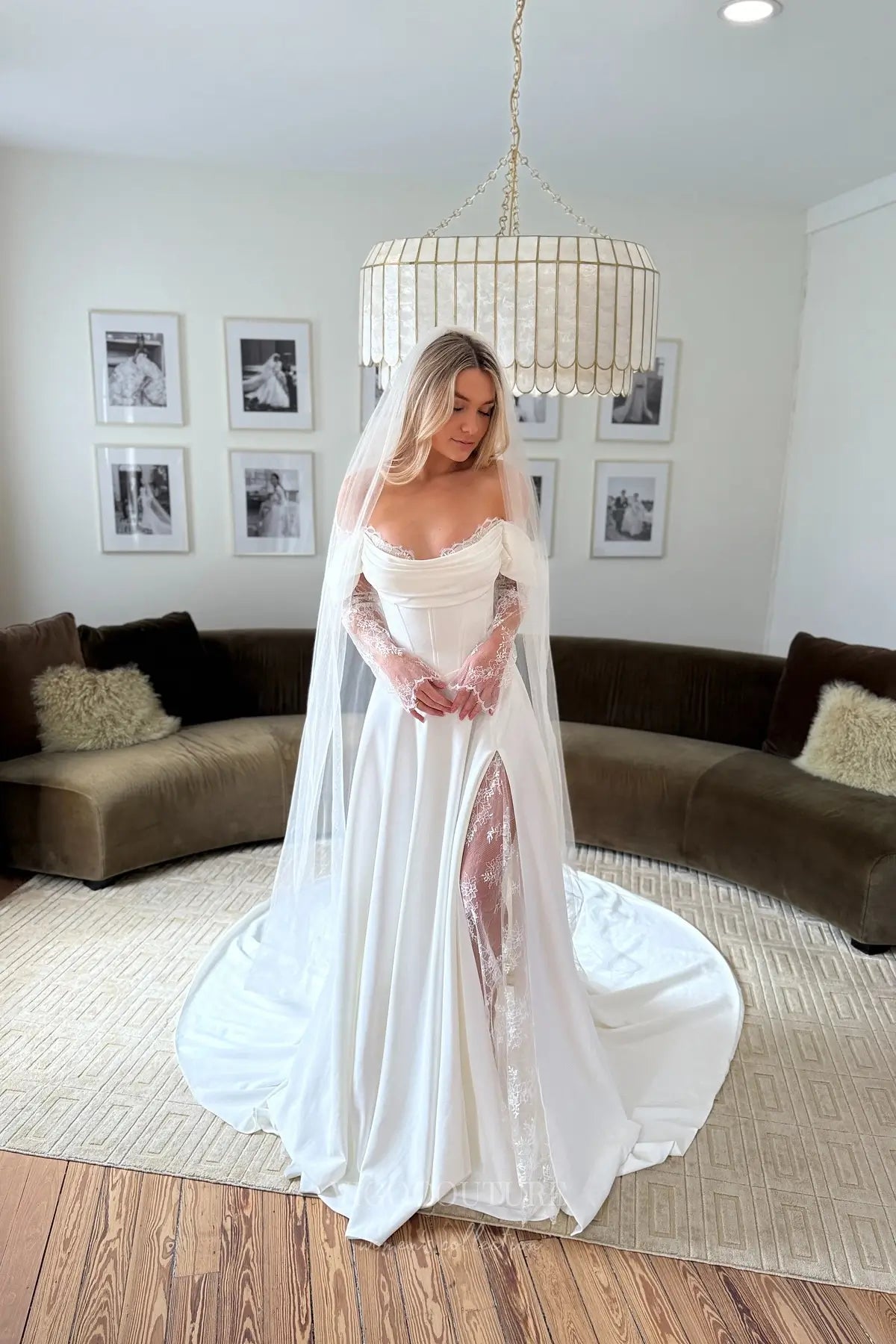 Wedding Dresses 2025 to impress Ivory Off-Shoulder Crepe A-Line Wedding Dress with Lace Sleeves, Corset Bodice & Slit – W2297-vigocouture-vigocouture