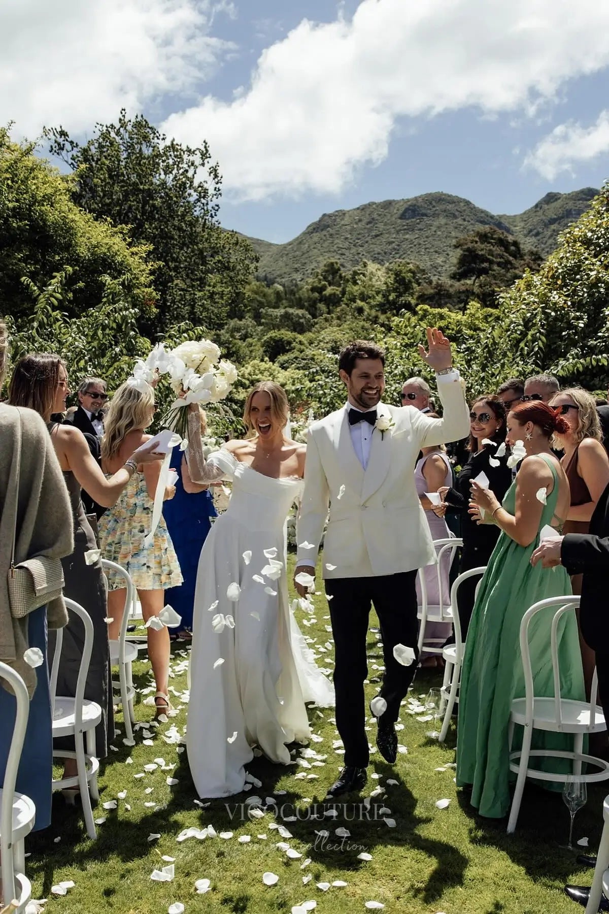 Wedding Dresses 2025 to impress Ivory Off-Shoulder Crepe A-Line Wedding Dress with Lace Sleeves, Corset Bodice & Slit – W2297-vigocouture-vigocouture