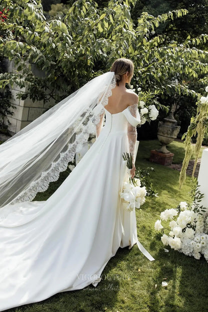 Wedding Dresses 2025 to impress Ivory Off-Shoulder Crepe A-Line Wedding Dress with Lace Sleeves, Corset Bodice & Slit – W2297-vigocouture-vigocouture
