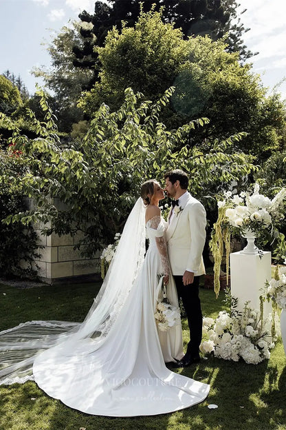 Wedding Dresses 2025 to impress Ivory Off-Shoulder Crepe A-Line Wedding Dress with Lace Sleeves, Corset Bodice & Slit – W2297-vigocouture-vigocouture