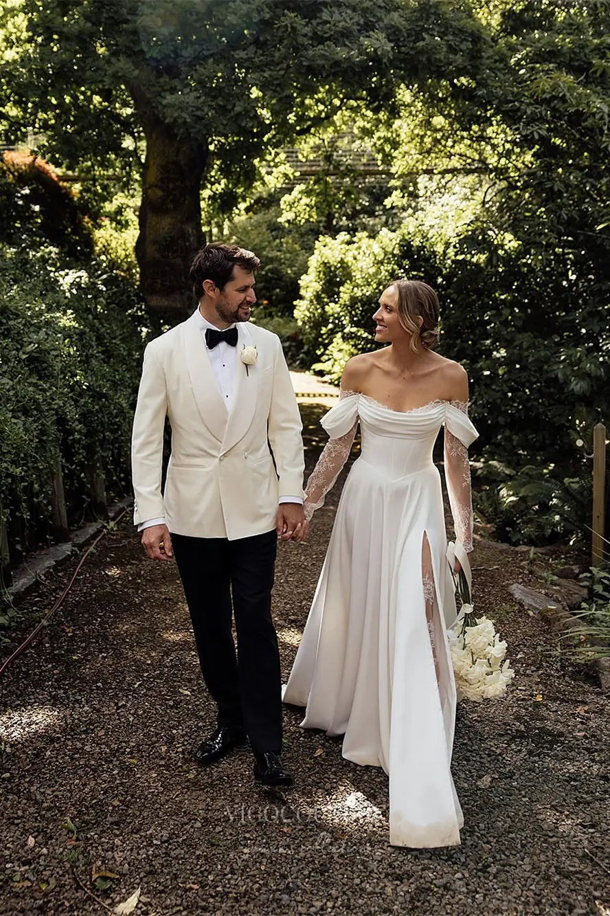 Wedding Dresses 2025 to impress Ivory Off-Shoulder Crepe A-Line Wedding Dress with Lace Sleeves, Corset Bodice & Slit – W2297-vigocouture-vigocouture