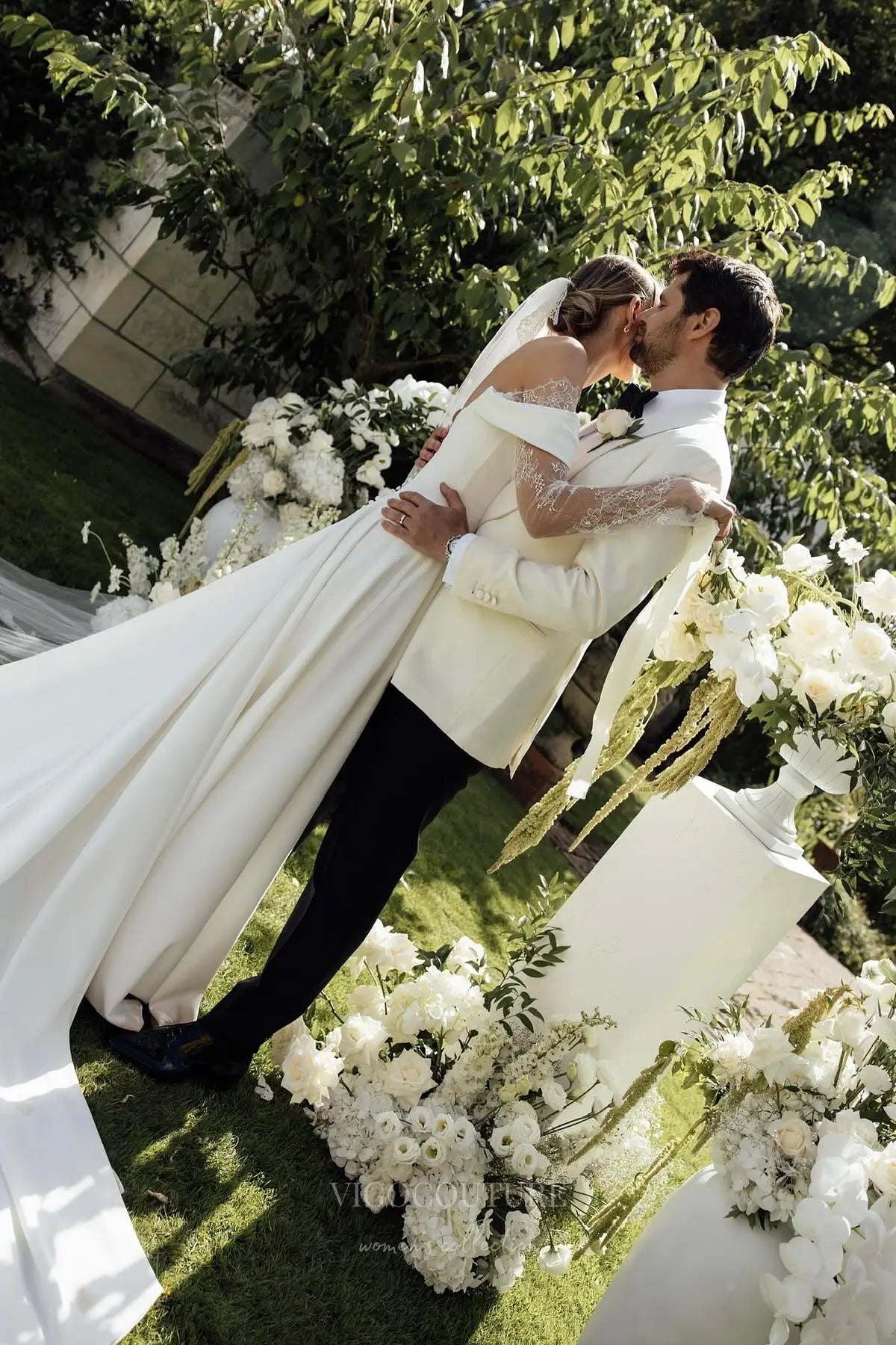 Wedding Dresses 2025 to impress Ivory Off-Shoulder Crepe A-Line Wedding Dress with Lace Sleeves, Corset Bodice & Slit – W2297-vigocouture-vigocouture