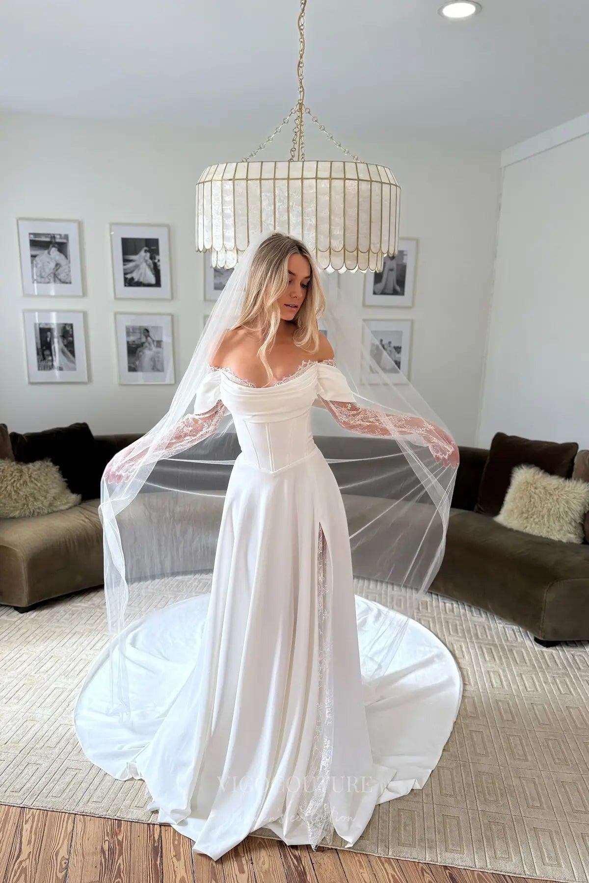 Ivory Off-Shoulder Crepe A-Line Wedding Dress with Lace Sleeves, Corset Bodice & Slit – W2297