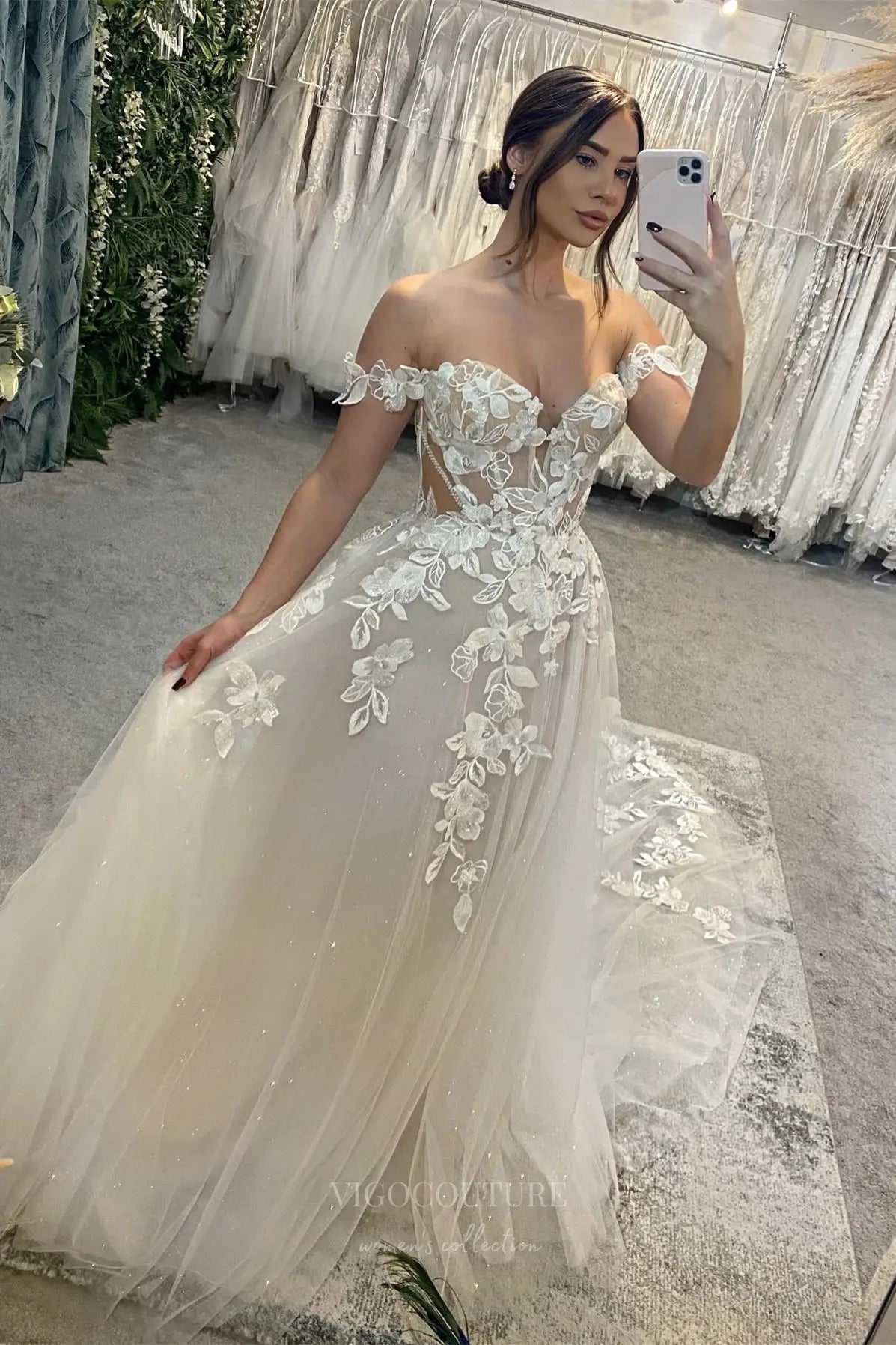 Ivory Off-Shoulder Floral Appliqué A-Line Wedding Dress with Sheer Corset Bodice and Sparkle Tulle Train – W2244