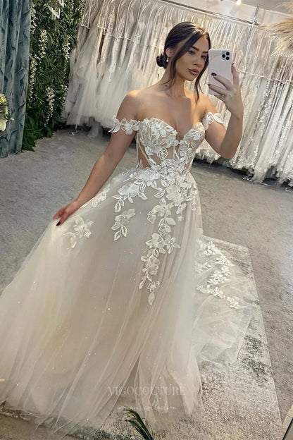 Ivory Off-Shoulder Floral Appliqué A-Line Wedding Dress with Sheer Corset Bodice and Sparkle Tulle Train – W2244