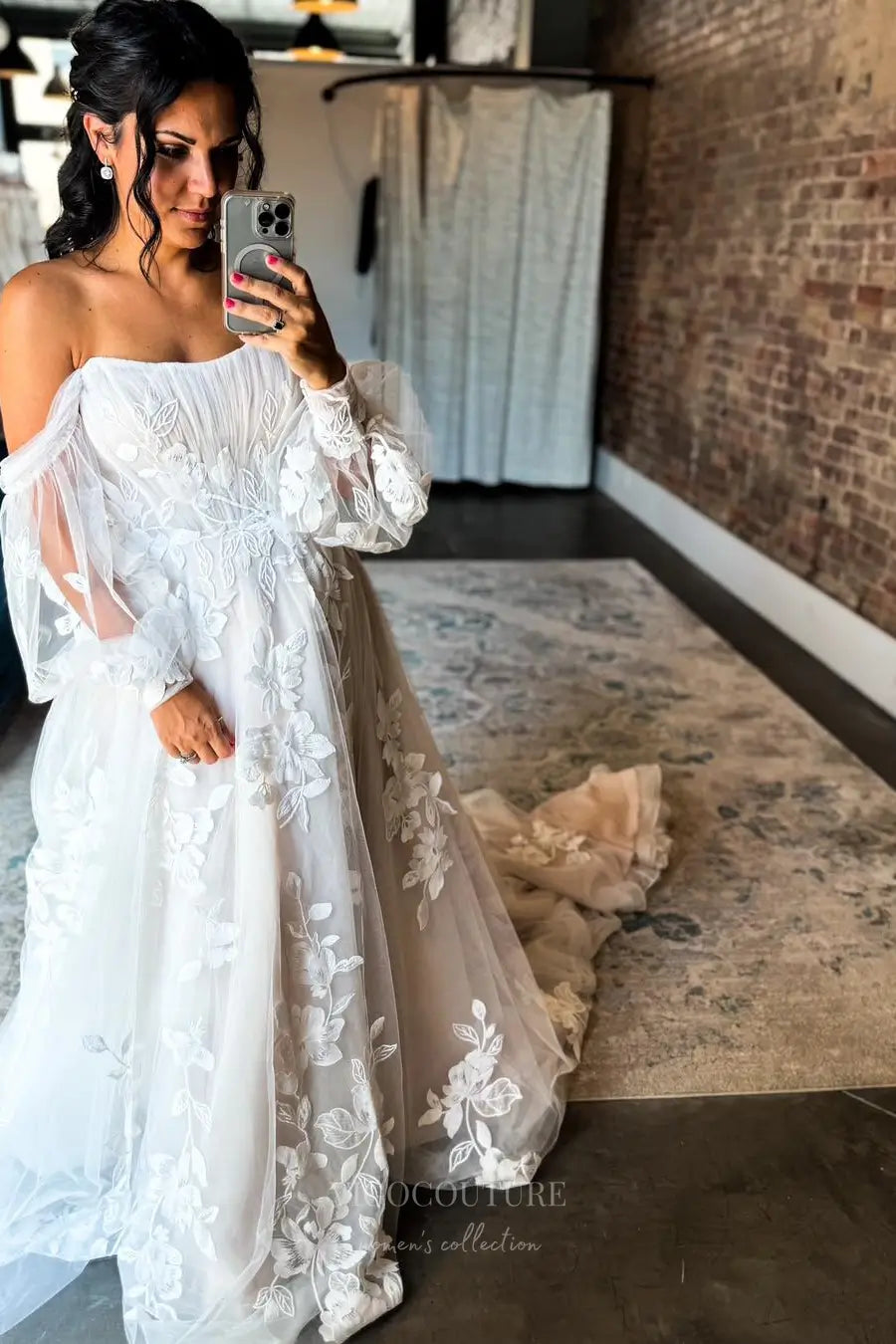Ivory Off-Shoulder Floral Lace Wedding Dress with Sheer Long Sleeves & Chapel Train – W2256