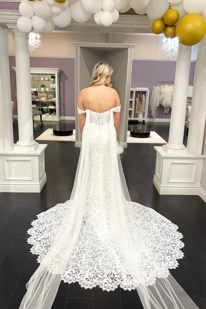 Wedding Dresses 2025 to impress Ivory Off-Shoulder Guipure Lace Mermaid Wedding Dress with Sheer Corset Bodice & Draped Tulle Train – W2263-vigocouture-vigocouture
