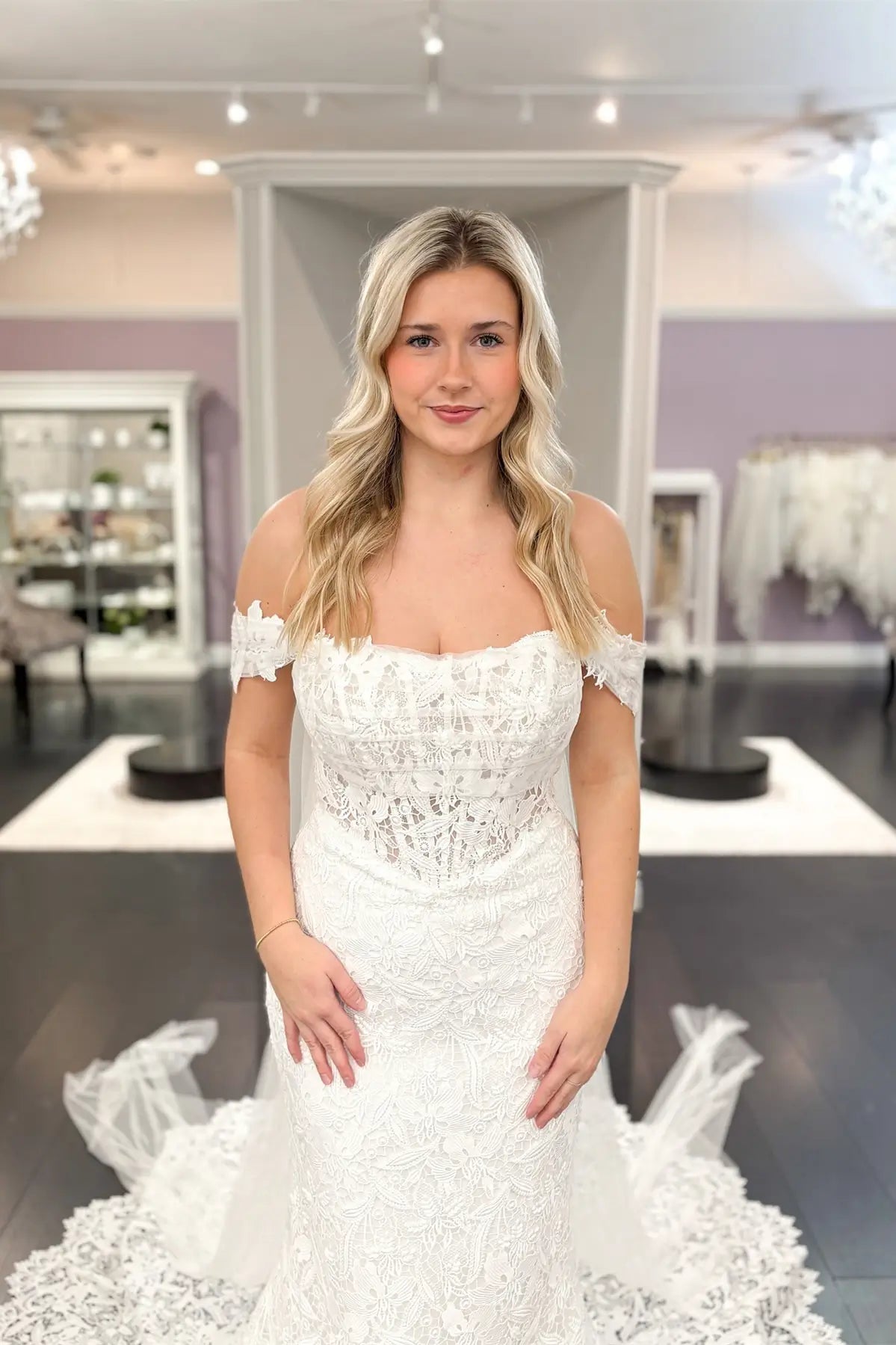 Wedding Dresses 2025 to impress Ivory Off-Shoulder Guipure Lace Mermaid Wedding Dress with Sheer Corset Bodice & Draped Tulle Train – W2263-vigocouture-vigocouture