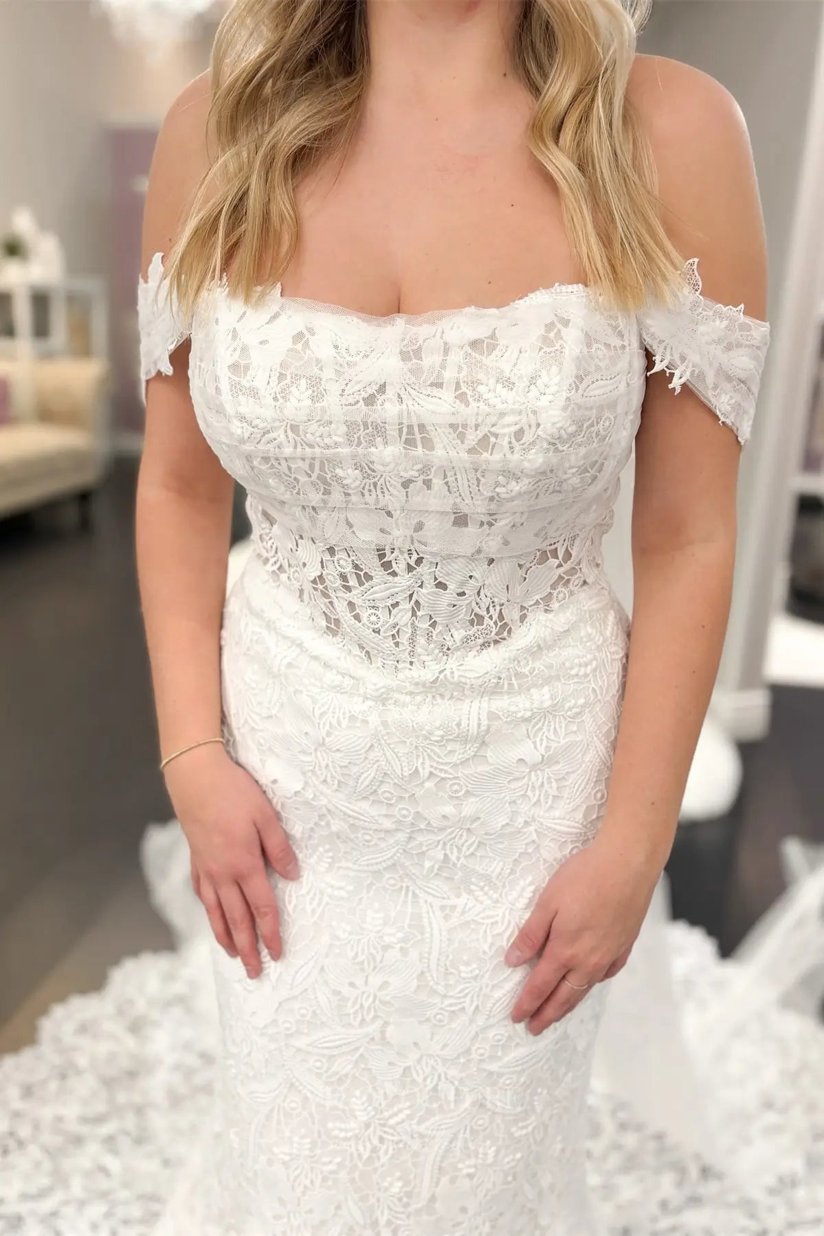 Wedding Dresses 2025 to impress Ivory Off-Shoulder Guipure Lace Mermaid Wedding Dress with Sheer Corset Bodice & Draped Tulle Train – W2263-vigocouture-vigocouture