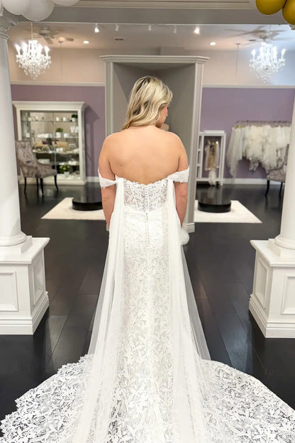 Wedding Dresses 2025 to impress Ivory Off-Shoulder Guipure Lace Mermaid Wedding Dress with Sheer Corset Bodice & Draped Tulle Train – W2263-vigocouture-vigocouture