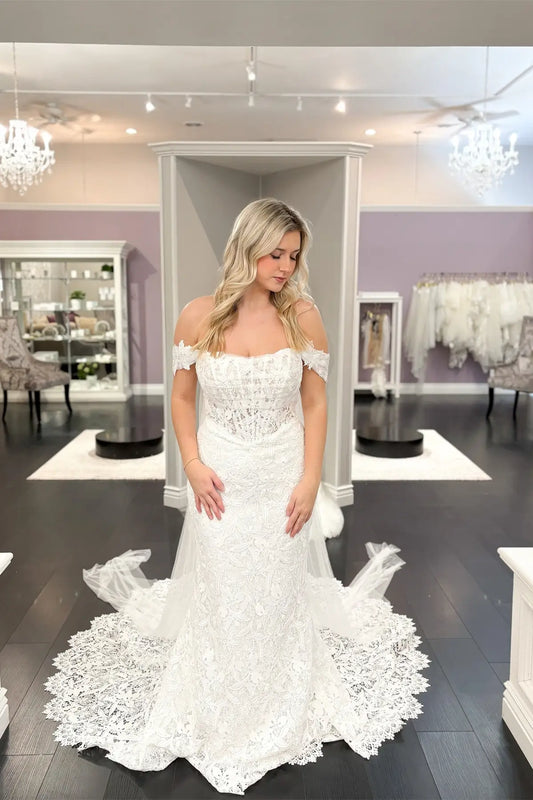 Ivory Off-Shoulder Guipure Lace Mermaid Wedding Dress with Sheer Corset Bodice & Draped Tulle Train – W2263
