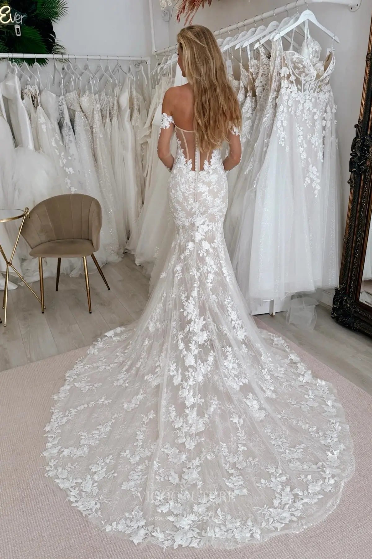 Wedding Dresses 2025 to impress Ivory Off-Shoulder Lace Mermaid Wedding Dress with Long Sleeves, Sheer Bodice & Chapel Train – W2294-vigocouture-vigocouture