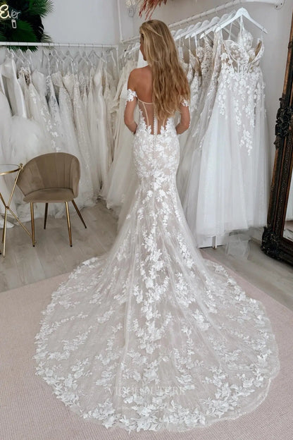 Wedding Dresses 2025 to impress Ivory Off-Shoulder Lace Mermaid Wedding Dress with Long Sleeves, Sheer Bodice & Chapel Train – W2294-vigocouture-vigocouture