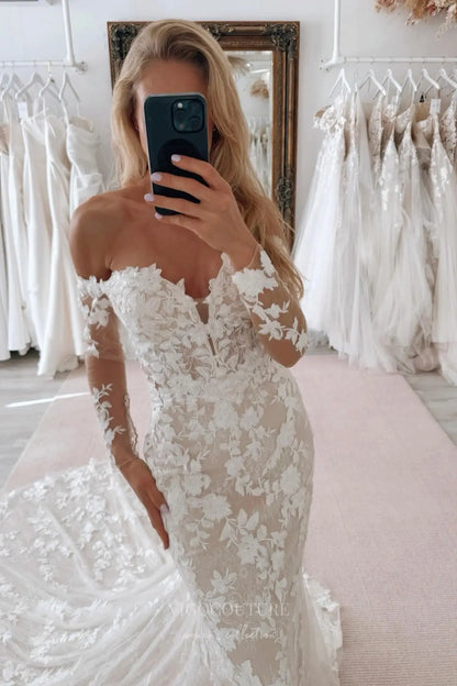 Wedding Dresses 2025 to impress Ivory Off-Shoulder Lace Mermaid Wedding Dress with Long Sleeves, Sheer Bodice & Chapel Train – W2294-vigocouture-vigocouture